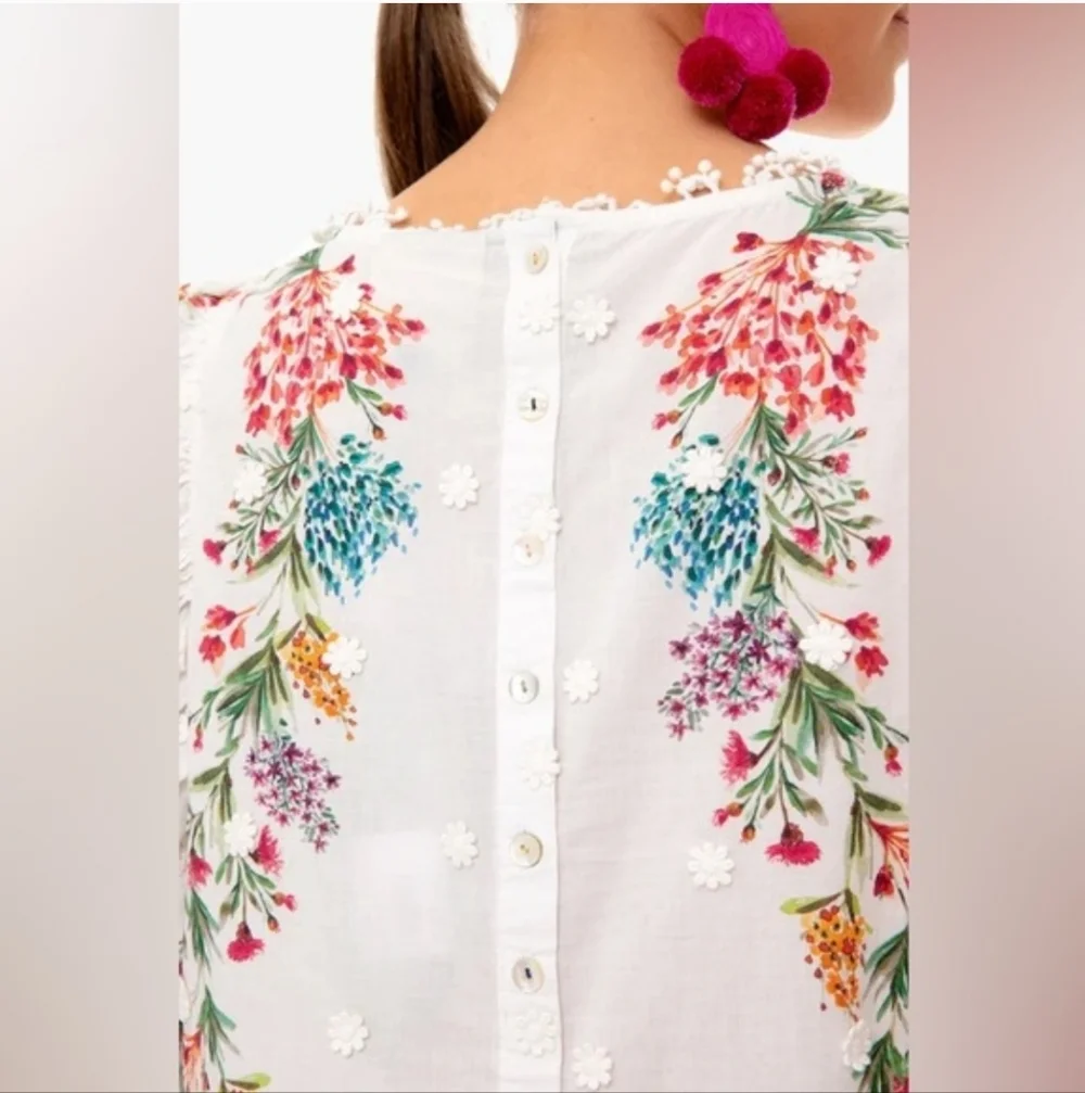 FARM RIO Louise Floral White Multi Floral Puff Sleeve Top M Like New RARE - Picture 2 of 16